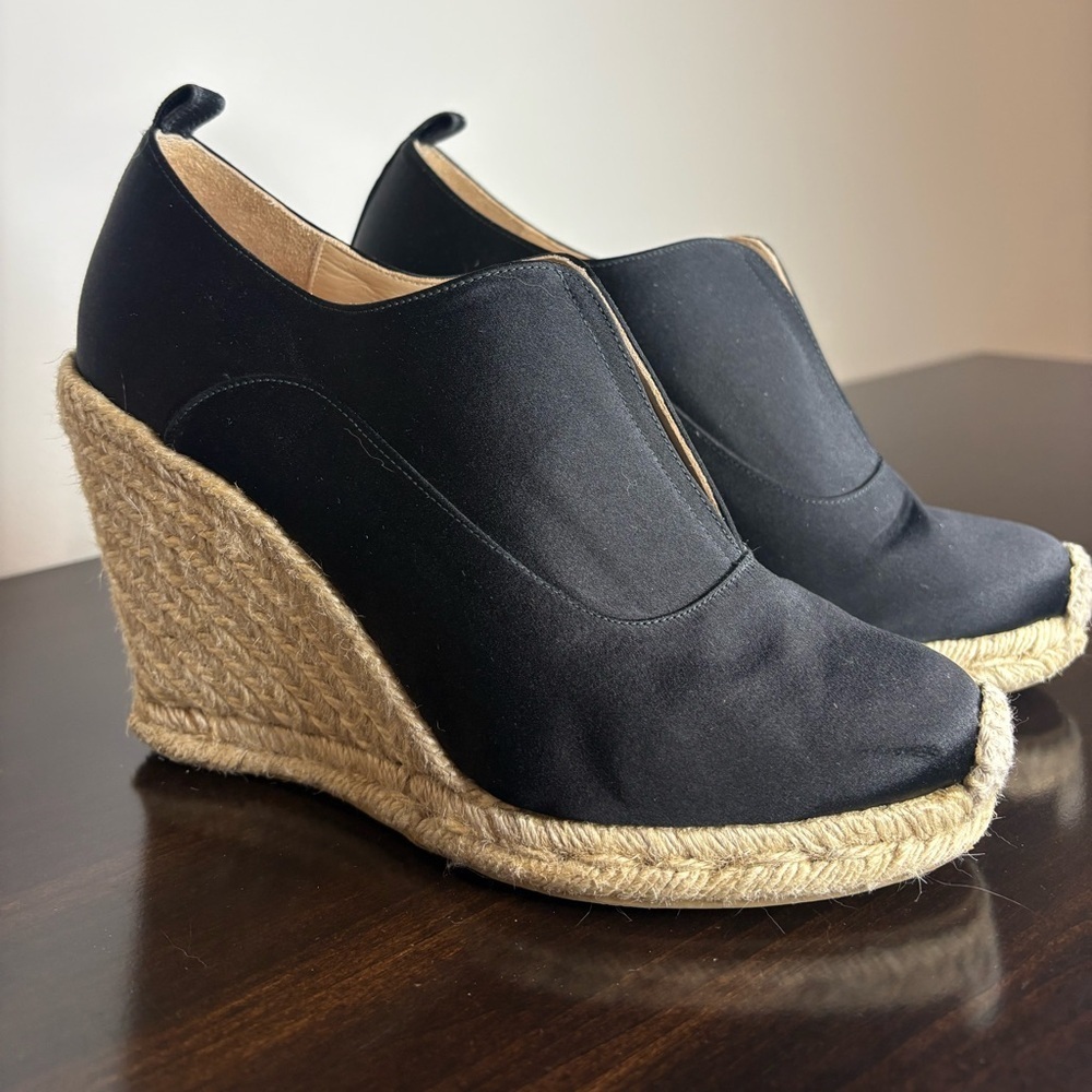 REED KRAKOFF Black Satin High-Cut Espadrille Wedges - Size 38 (US 7.5) - 4" Heel